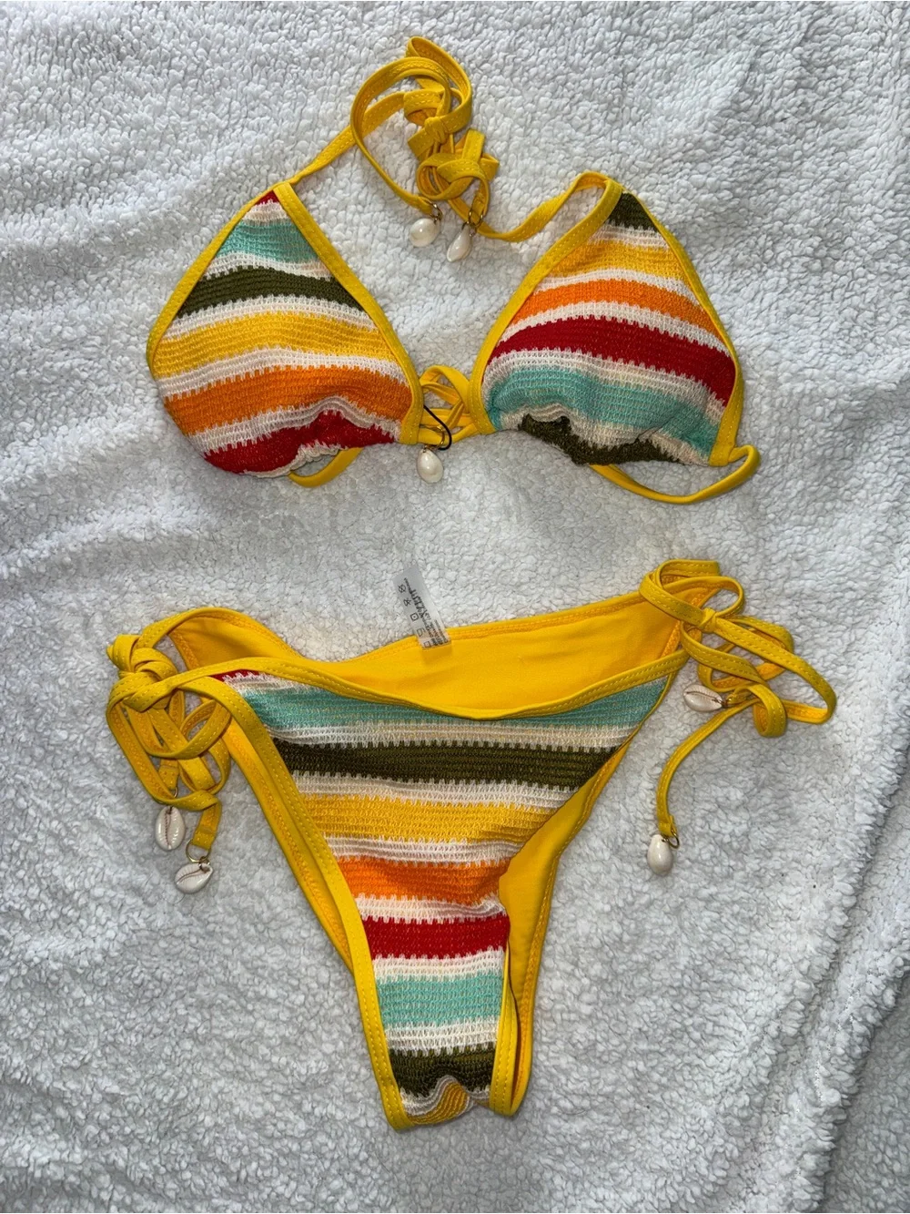 ZAFUL Women's Crochet Colorblock Stripes Triangle Tie Bikini, Shell Details, S